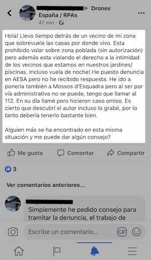 Comentario de Facebook para tramitar una denuncia a un piloto de drones